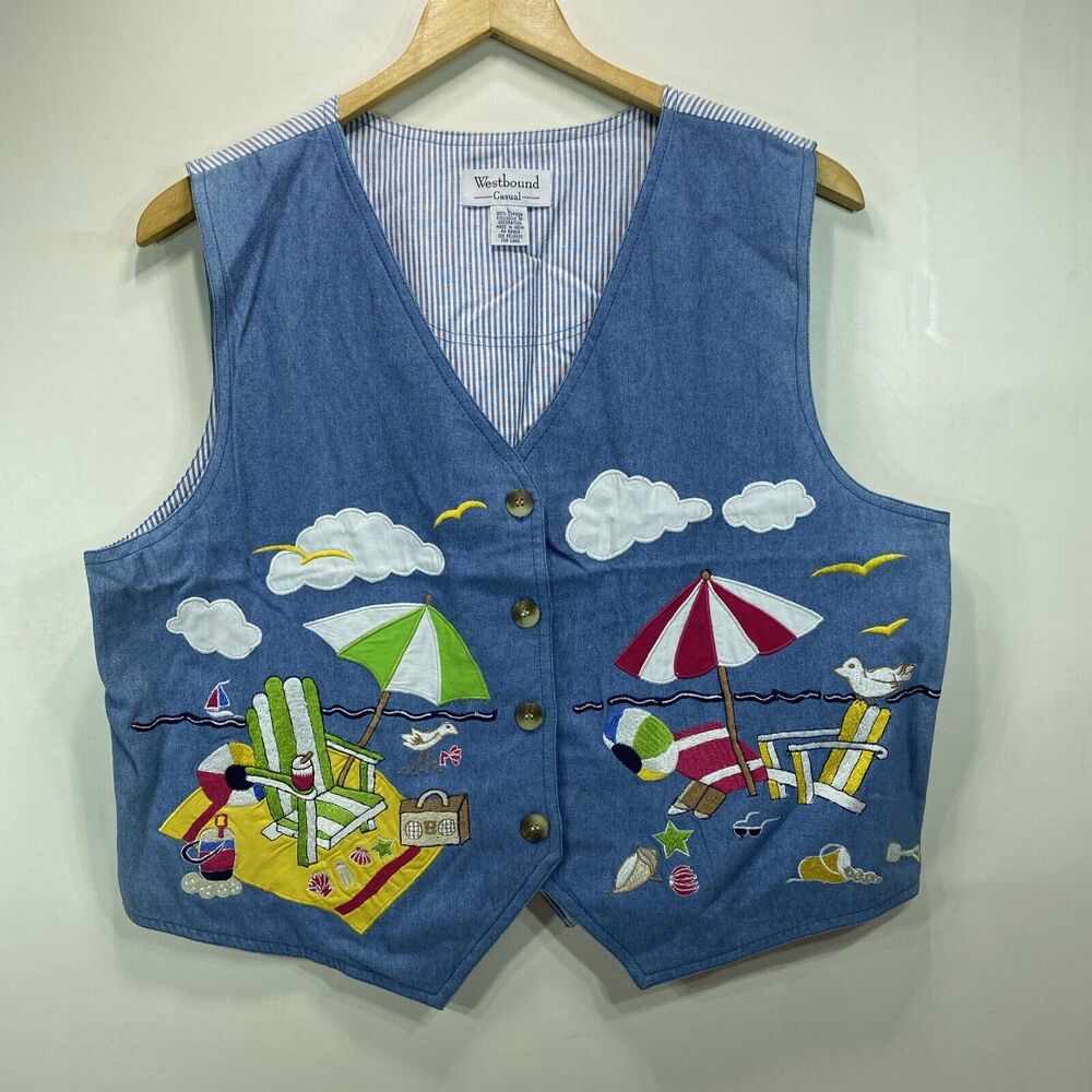 90s Westbound Casual Beach Embroidered Vest Top Tank Womens Large Blue Nautical - Picture 2 of 8
